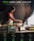 Woman using a massive 999Wh portable power station with 1000W pure sine wave AC output and 2000W peak in a kitchen setting.