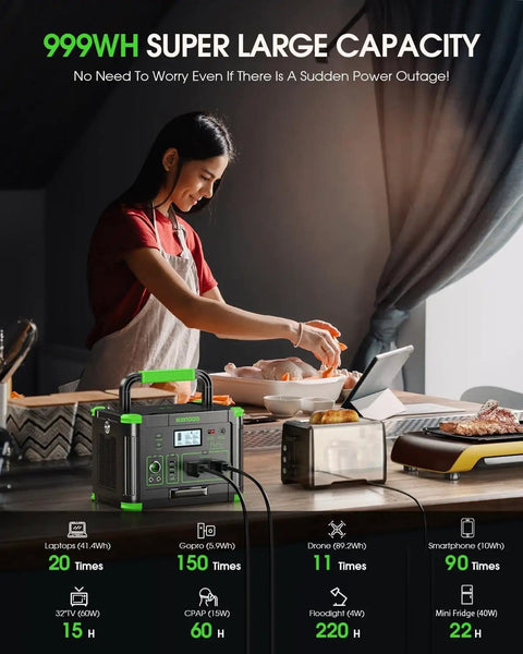 Woman using a massive 999Wh portable power station with 1000W pure sine wave AC output and 2000W peak in a kitchen setting.