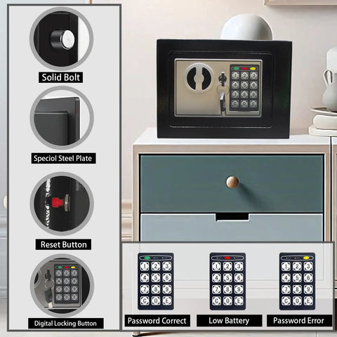 Compact Hidden Steel Safe Box With Electronic Keypad For Jewelry Cash And Small Valuables, 0.23 Cubic Feet, front view