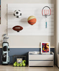 Six Pack Slatwall Ball Holder Steel Ball Rack for Basketball Football Soccer Volleyball Storage, installed with balls.