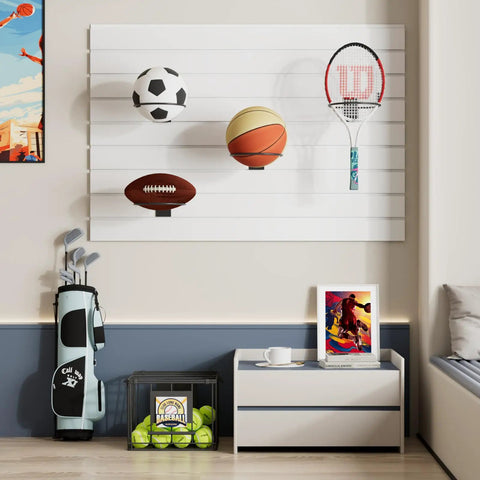 Six Pack Slatwall Ball Holder Steel Ball Rack for Basketball Football Soccer Volleyball Storage, installed with balls.