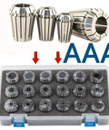 Precision ER11 To ER40 Collet Chuck Tool Holder Set with 16 collets in a storage case for milling machine and lathe use.