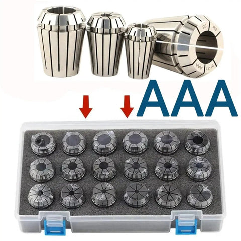 Precision ER11 To ER40 Collet Chuck Tool Holder Set with 16 collets in a storage case for milling machine and lathe use.