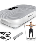 Vibration Plate Exercise Machine With LED Touchscreen, Bluetooth, and Pull Cord for full body home gym use, shown with accessories.