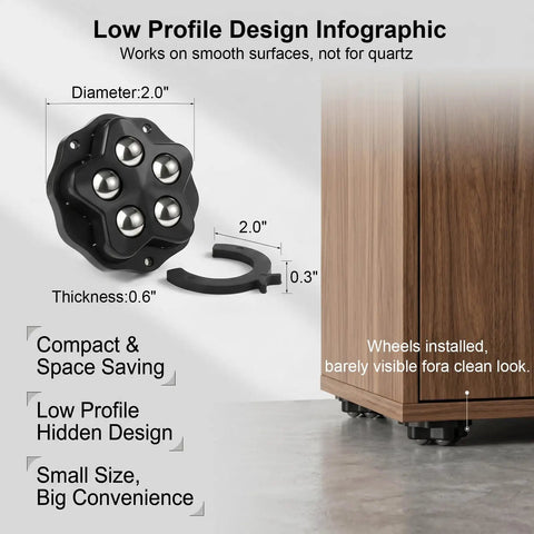 Heavy Duty Peel And Stick Furniture Casters With 360 Swivel Rollers Takes Two Seconds Slides Couches Smoothly Saves Hardwood Keeps Floors Pristine Includes Eight Durable Black Replacement Wheels, low profile design infographic.