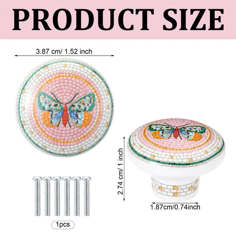 Multicolor Butterfly Ceramic Cabinet Pulls Set With Gold Accent Knobs For Dressers and Closets, showing size dimensions