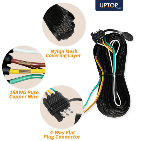 Super Long 26 Foot 4-Way Flat Trailer Wiring Harness With Pure Copper And Nylon Sleeve For Boat Rv Utility Trailers Up To Over Eighty Inches Wide, black mesh