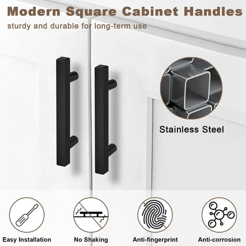 Real Deal Matte Black Cabinet Handles With Slick Square Edges 3 Inch Hole Centers And Heavy Duty Stainless Steel Build For Drawers Dressers And Cupboards In A Thirty Pack, installed on cabinet doors.