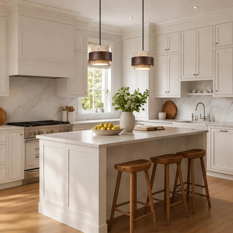 Axamate Wabi Sabi Pendant Light Natural Stone Chandeliers Dia 8" above a kitchen island with wooden stools and stone countertop.