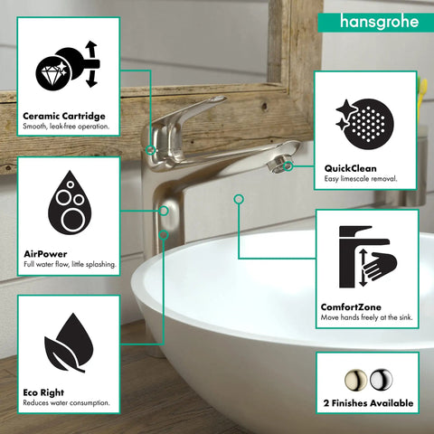 Low Flow Water Saving 1 Handle 12 Inch Tall Bathroom Sink Faucet In Brushed Nickel Single Hole Mount with QuickClean feature.