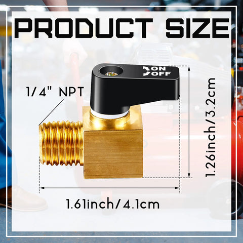 Brass mini air compressor drain valve with black lever, 1/4 in NPT, side view.