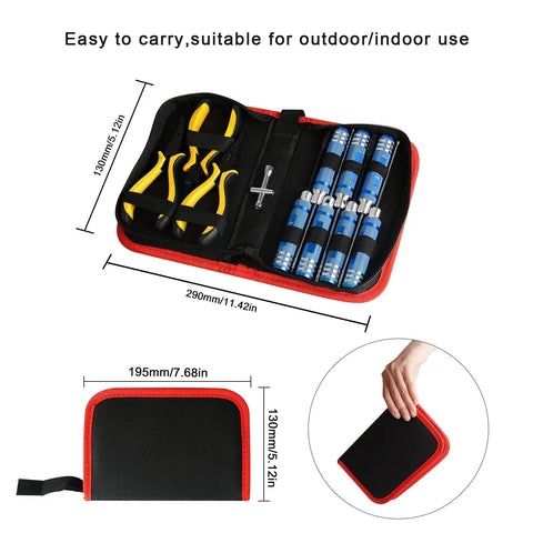 12 Piece RC Car Tools Kit with hex screwdrivers, pliers in red case with dimensions, for Traxxas Arrma RC cars and models