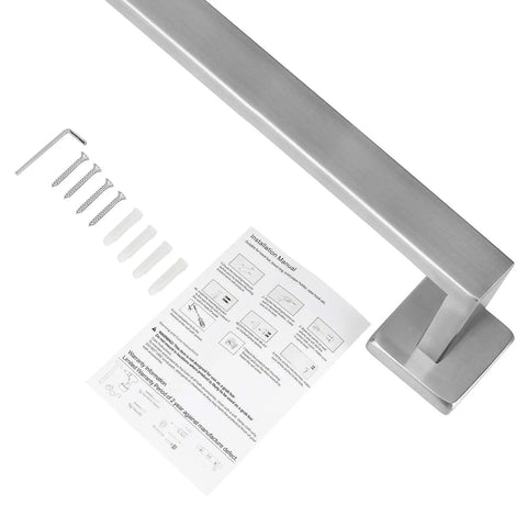 Rust Proof Stainless Steel Towel Bar 24 Inch Wall Mounted In Brushed Nickel with installation kit and user manual.