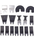 18 Piece Oscillating Multitool Blades Set With Universal Fit For Most Brands, displayed with various blade sizes for DIY projects