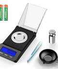 Ultra Precise 50g Digital Scale with 0.001g readings, tray, tweezers, and 20g calibration weight, ideal for jewelry and medicine.