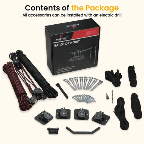 Garage Ceiling Storage Hoist For Roof Cargo Box And Carrier, Heavy Duty Overhead Lift With 4 Point Pulley System components