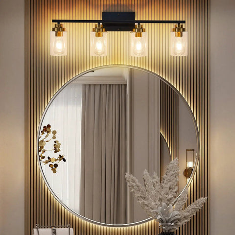 4 Light Vanity Light Fixture For Bathrooms Over Mirror Wall Lights With Matte Black And Gold Shades Clear Glass Modern Lampshade Displayed