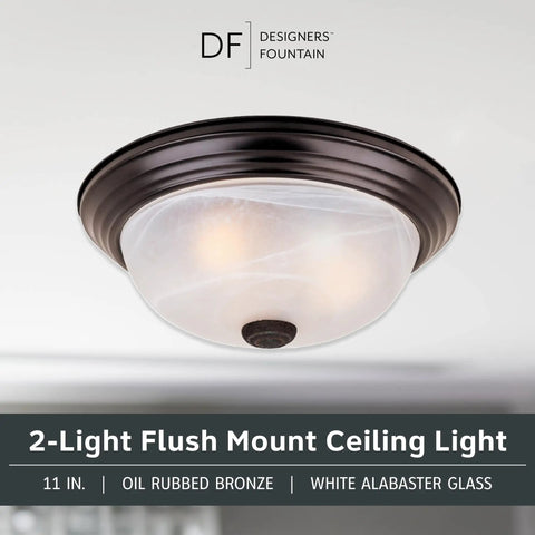 Two Light Flush Mount Ceiling Light With White Alabaster Glass In Oil Rubbed Bronze Finish, 11 Inch Modern Ceiling Fixture