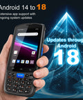 F7 Android 14 Handheld PDA Barcode Scanner with Honeywell N6603, showing app support and updates through Android 18
