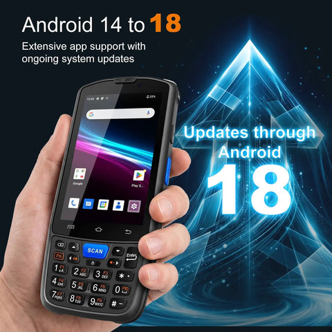 F7 Android 14 Handheld PDA Barcode Scanner with Honeywell N6603, showing app support and updates through Android 18