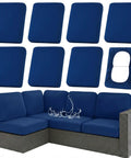 Waterproof Outdoor Cushion Covers For Patio Furniture, 8 Piece Navy Solid Stretch Slipcovers, on grey sofa demonstrating water resistance.