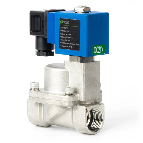Beefed-Up High Pressure 24V DC Solenoid Valve In Stainless Steel For Industrial Use, 100 Bar Capacity, side view
