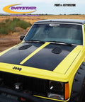Black Side Hood Vent Kit For Jeep Grand Cherokee And MJ Comanche Fully Functional And Paintable With No Fuss Easy Install Keeps Hood Structure Intact Made In USA Set Of Two Vents installed on yellow Jeep Cherokee