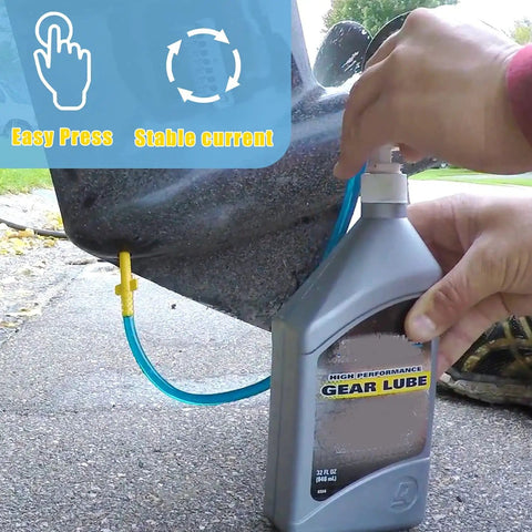 Lower Unit Gear Lube Pump For Standard Quart Bottles Fits Mercury And Mariner Outboards Plus Yamaha Nissan Tohatsu Honda Evinrude Outboards Includes One Suction Tube And Dual Adapters Three Eighths Inch And Eight Millimeter Aluminum Adapters bottle in use, showing hands operating pump.
