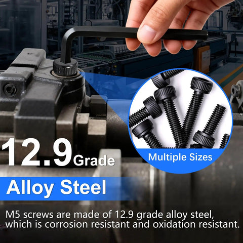 M5 Hex Socket Head Cap Screws Kit With Nuts And Washers 12.9 Grade Alloy Steel in use with hex wrench