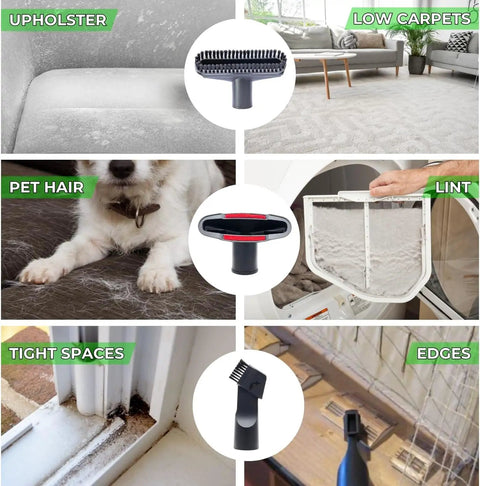 Versatile Vacuum Attachments And Brush Kit for most vacuums cleaning pet hair, lint, upholstery, low carpets, edges, and tight spaces.