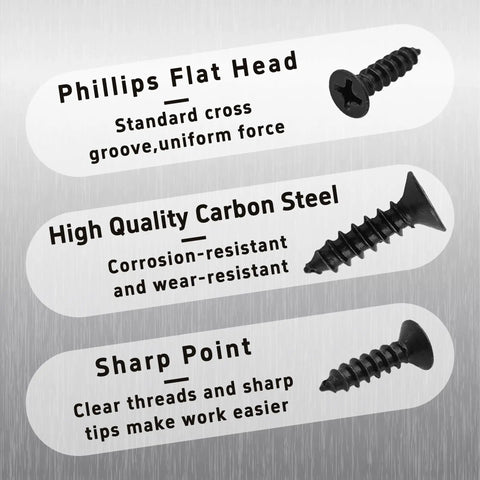 Close-up on black Phillips flat head wood screws showcasing high quality carbon steel, sharp point, and thread details.