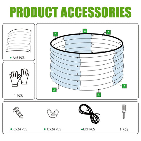 Assembly diagram for Three Piece Round Galvanized Raised Garden Bed Kit Each 2x2x1 Ft Outdoor Metal Planter Box For Vegetables And Flowers
