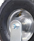 Close-up of Pair Of Heavy Duty 10 Inch Pneumatic Caster Wheels Featuring Smooth Rolling Ribbed Tires And Ball Bearing Steel Hubs.