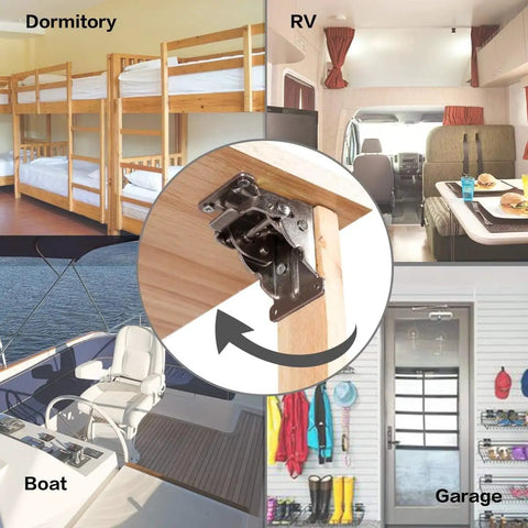 12 Pack Heavy Duty Self Locking Hinges For Folding Tables shown in dormitory, RV, boat, garage with steel bracket detail.