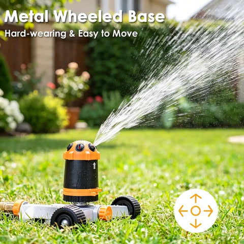 Gear Drive Lawn Sprinkler With Metal Wheel Base Built To Last Heavy Duty Six Pattern Water Sprinkler System watering grass