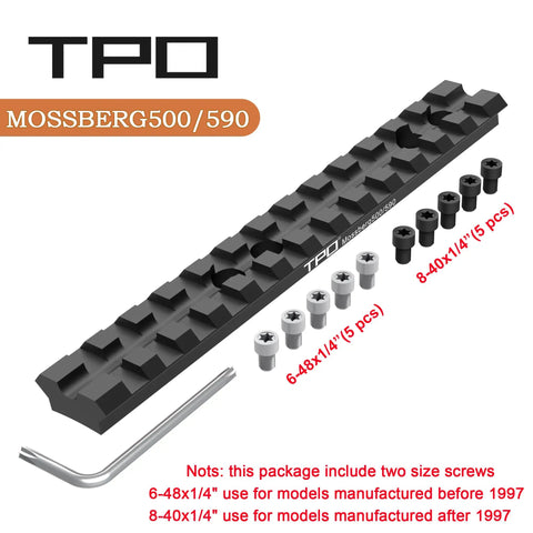 Picatinny Rail Mount For Mossberg Shotguns Five Point Five Inch Low Profile Top Rail Scope Base 21mm Weaver 500 590 835 930 935 After 1997 Black Easy Install Durable Aluminum Shockproof displayed with mounting screws and Allen wrench
