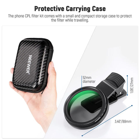 52mm CPL Filter Clip On Kit For Phone With protective carrying case and polarizing lens reducing glare and boosting colors