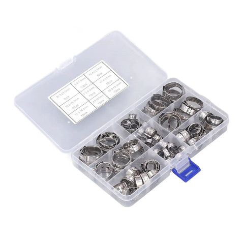 80 Piece Stainless Steel Hose Clamp Kit With Pliers Nine Size Assortment in storage box for automotive and DIY repairs