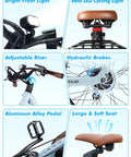 Beefy 1200W Peak Electric Bike For Adults details: front LED light, adjustable riser, hydraulic brakes, and soft saddle features