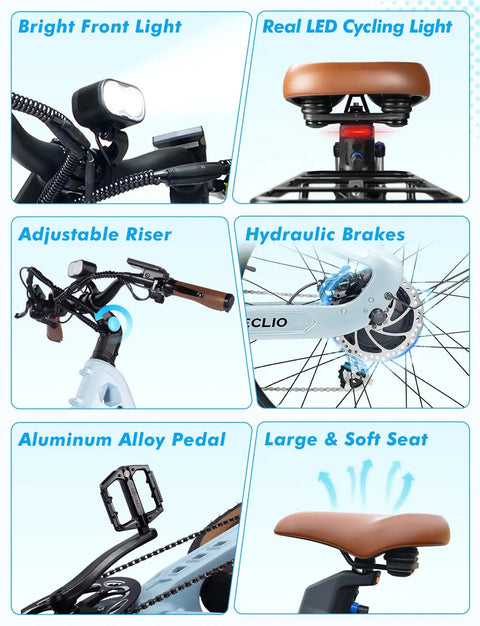 Beefy 1200W Peak Electric Bike For Adults details: front LED light, adjustable riser, hydraulic brakes, and soft saddle features