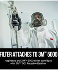 Man wearing 3M protective gear using Particulate Prefilters 50 Per Case P95 NIOSH Approved Oil Resistant Filters for safety.