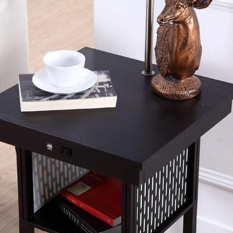 Madison Compact Side Table With Integrated Floor Lamp USB Port And LED Bulb, Bedside Reading Light, Modern End Table For Bedroom Living Room Office, Space Saving Nightstand In Black