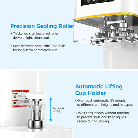 No Sweat Heavy Duty Commercial Can Sealer Machine shows precision sealing roller and automatic cup holder for tight seals.