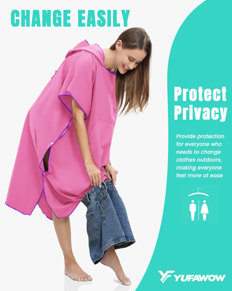 Woman wearing pink Hooded Towel Changing Poncho For Surfing And Outdoor Adventures On The Go Privacy Robe With Front Kangaroo Pocket