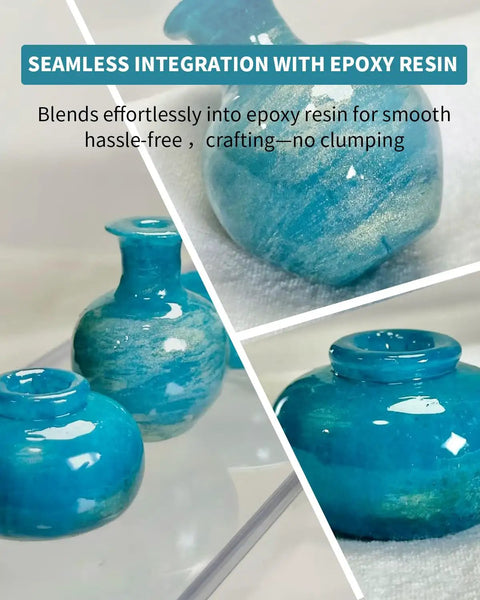 Top Shelf Teal Mica Powder For Epoxy Resin And Nail Polish Dope Pearlescent Pigment For Soap Candle DIY Crafts shown in blended resin vases.