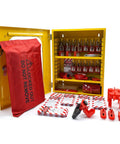 All In One Lockout Tagout Station Kit With Board Locks 80 Pcs, yellow cabinet with locks, tags, and safety devices displayed