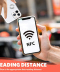 50 Pcs NFC Tags Stickers With NTAG215 Chip Rewritable Transparent Adhesive Labels used with smartphone displaying NFC logo.