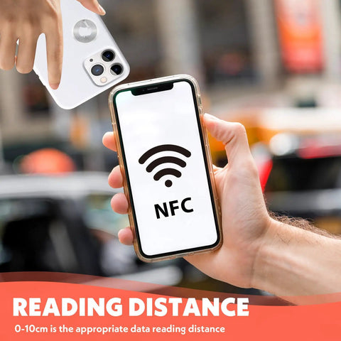 50 Pcs NFC Tags Stickers With NTAG215 Chip Rewritable Transparent Adhesive Labels used with smartphone displaying NFC logo.