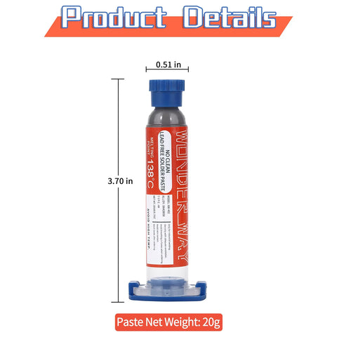 Sn42 Bi58 Lead Free Solder Paste No Clean 138C Melting Point 20g Net Weight, viewed with dimensions and product details.