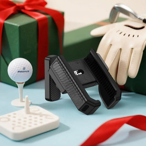 Magnetic Golf Cart Phone Holder Rotatable Mount with Eight N52 Magnets, golf glove, tees, gift box, and golf club in background.
